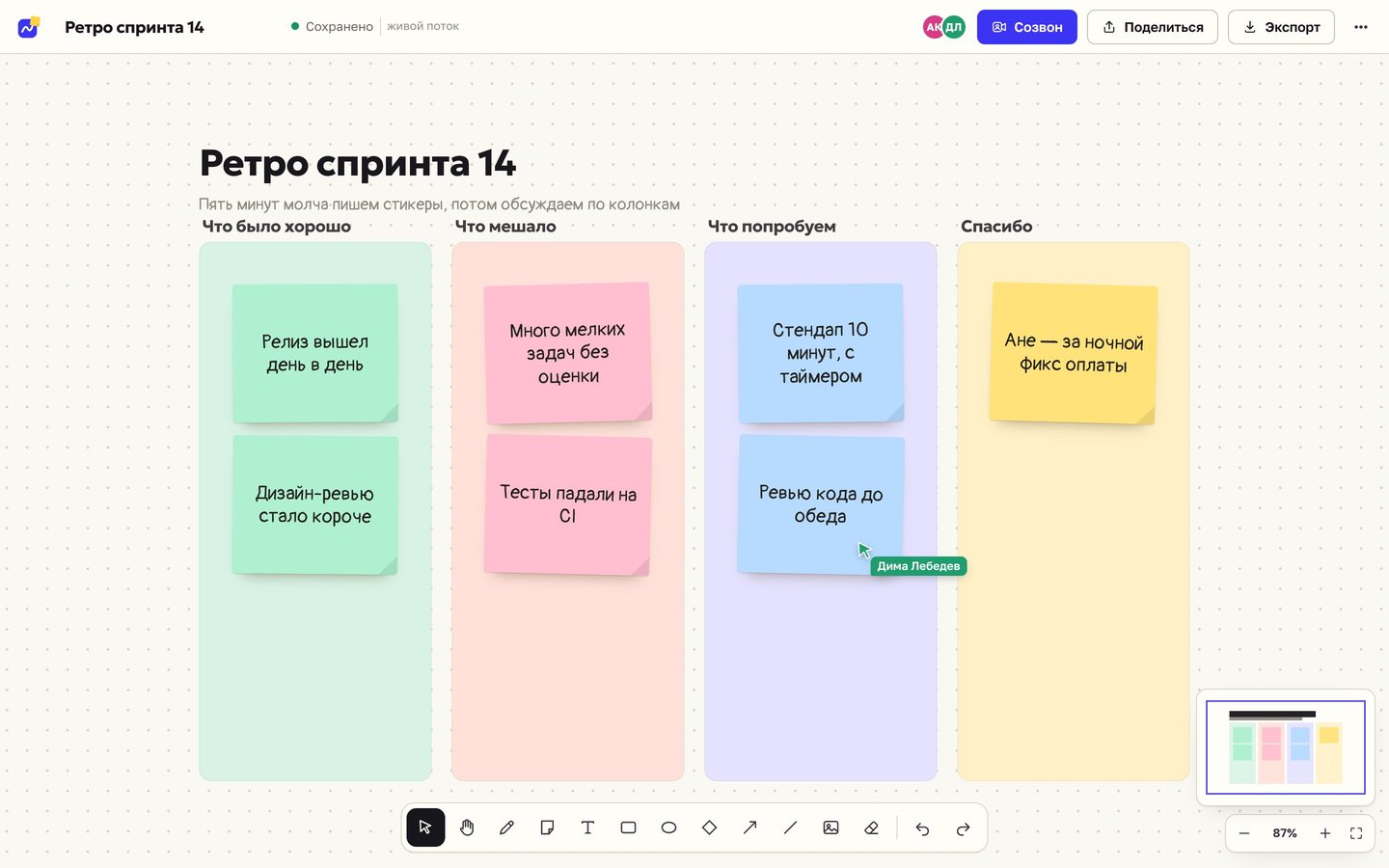 Доска FlowRoom со стикерами и панелью инструментов